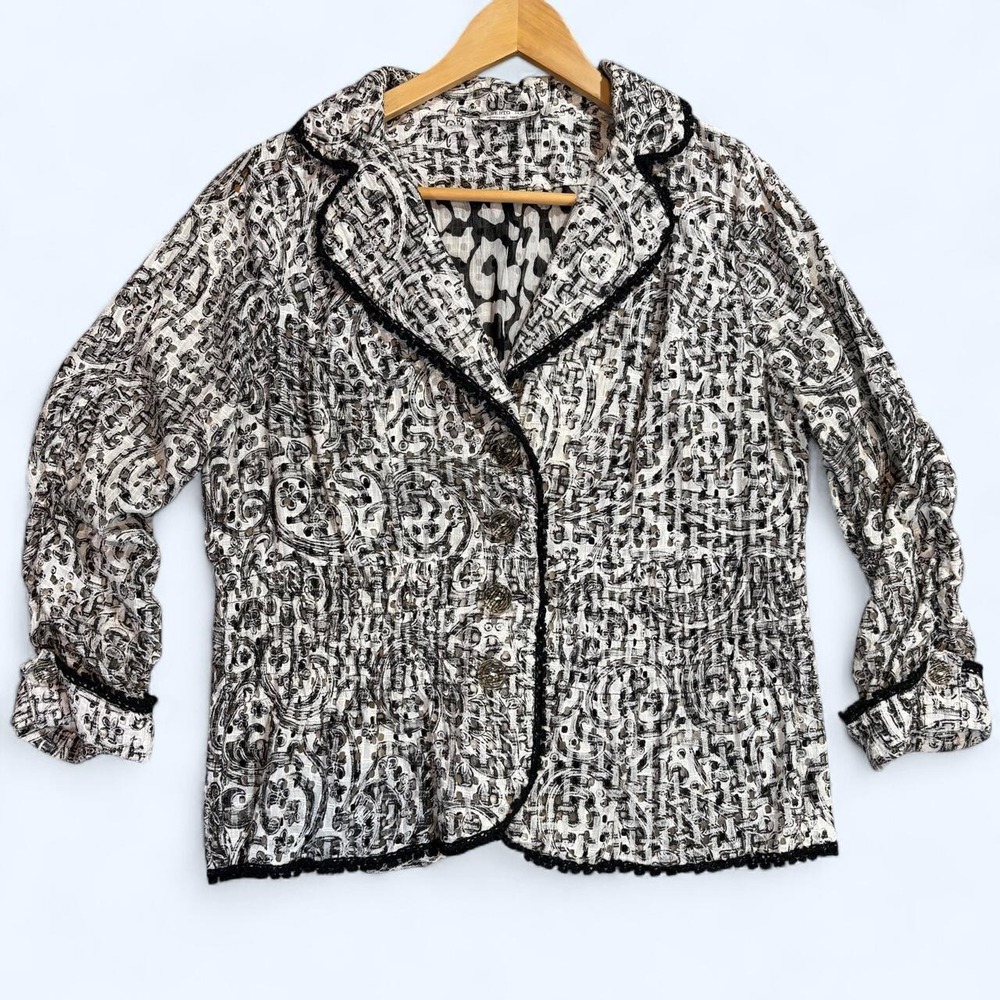 Alberto Makali Jacket Womens L Black Floral Paisley Crinkle Button Artsy Blazer